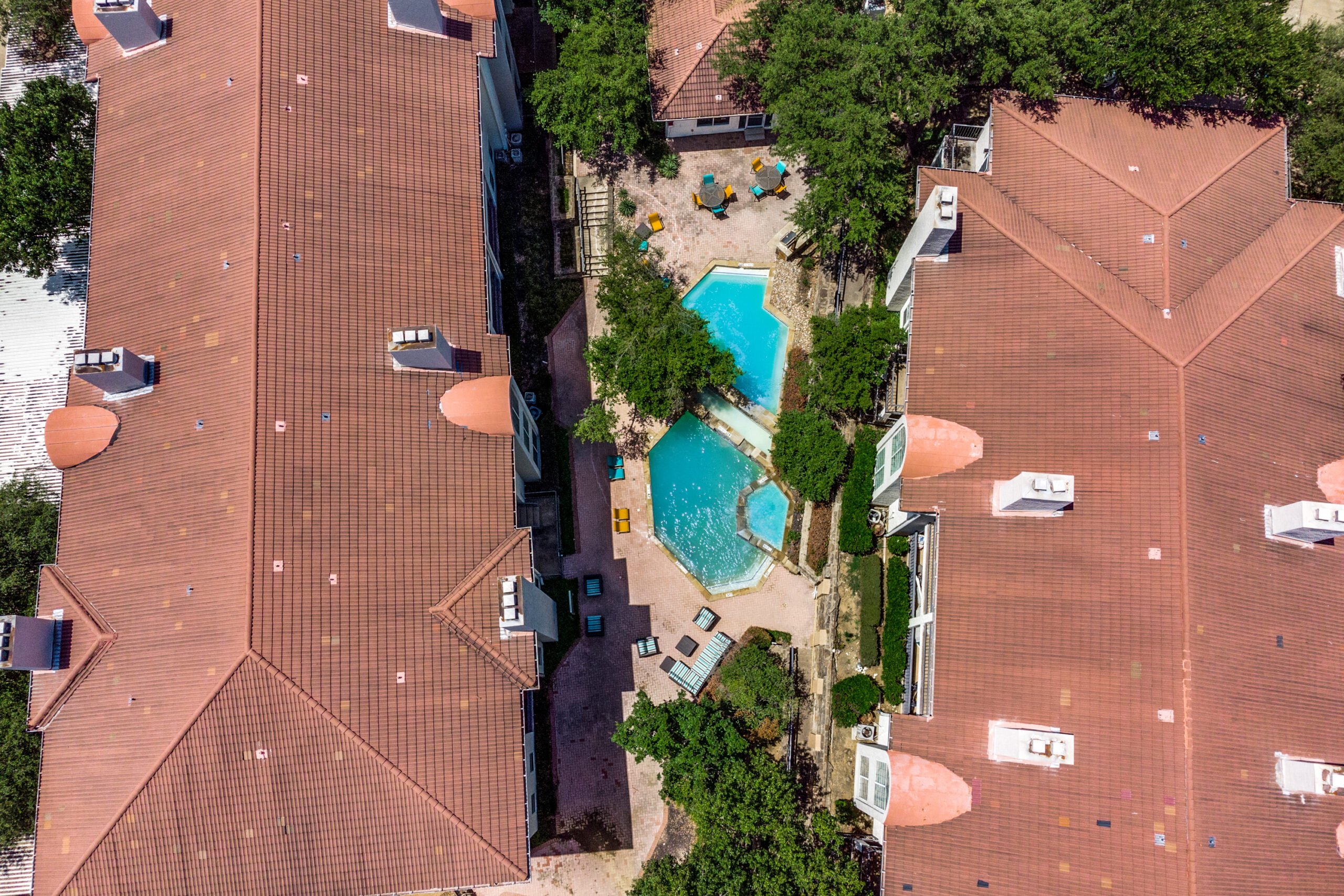 Ariel photo of the pool and surrounding buildings