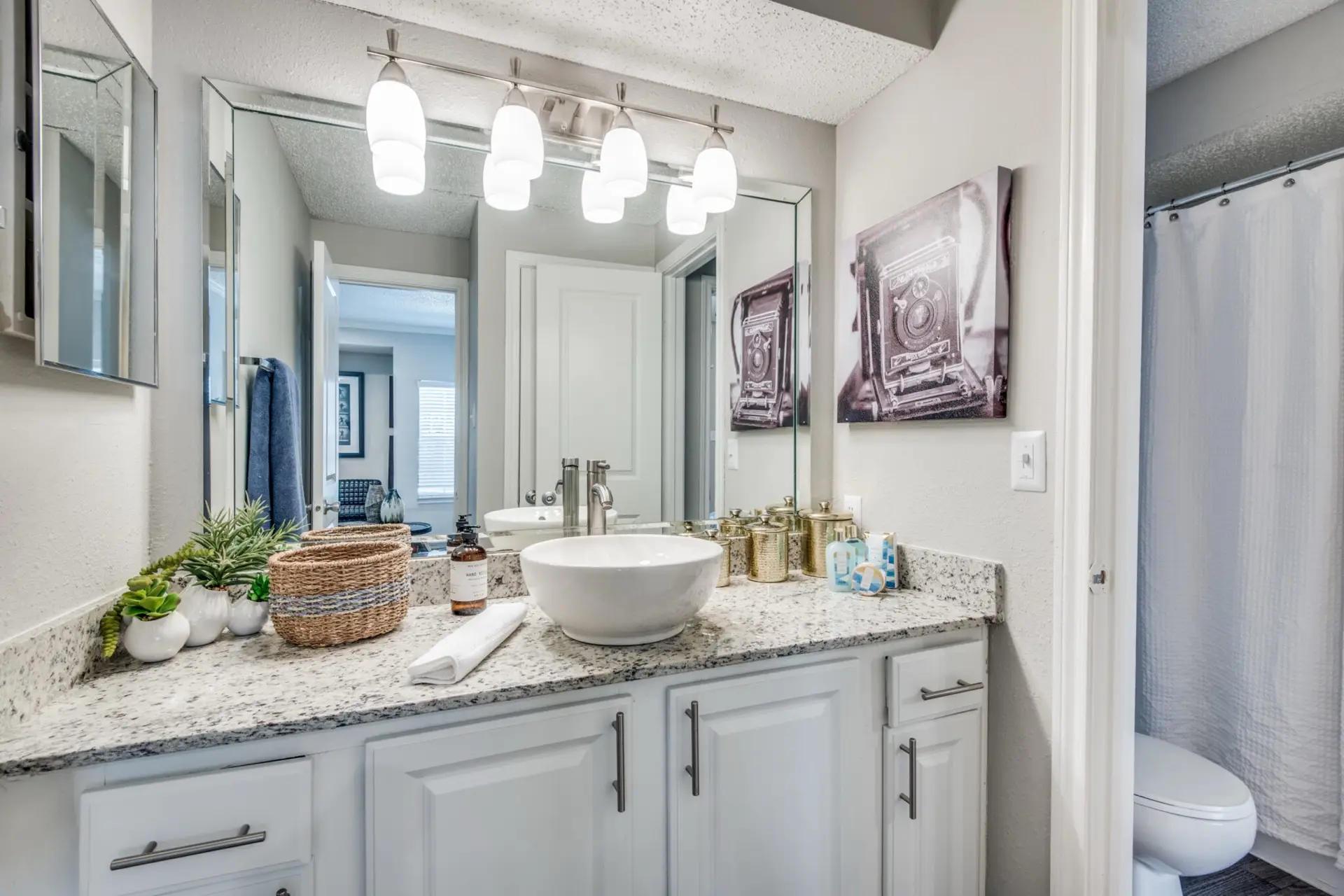 Modern bathroom with vessel sink, with separate water closet